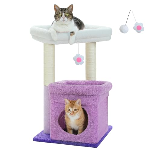 PEQULTI Cat Tree Tower for Indoor Cats with Private Cozy Cat Condo, Natural Sisal Scratching Posts and Plush Pom-pom for Small Cats