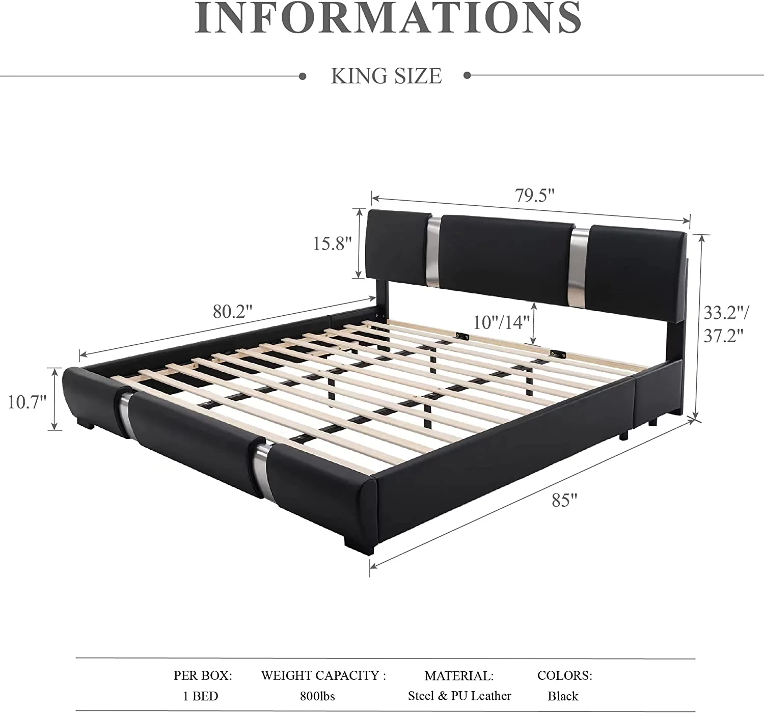 Well King Size Bed Frame with with Adjustable Headboard  Modern Low Profile Platform Bed with Faux Leather Mattress Foundation with Solid Wooden Slats Support No Box Spring Needed Black