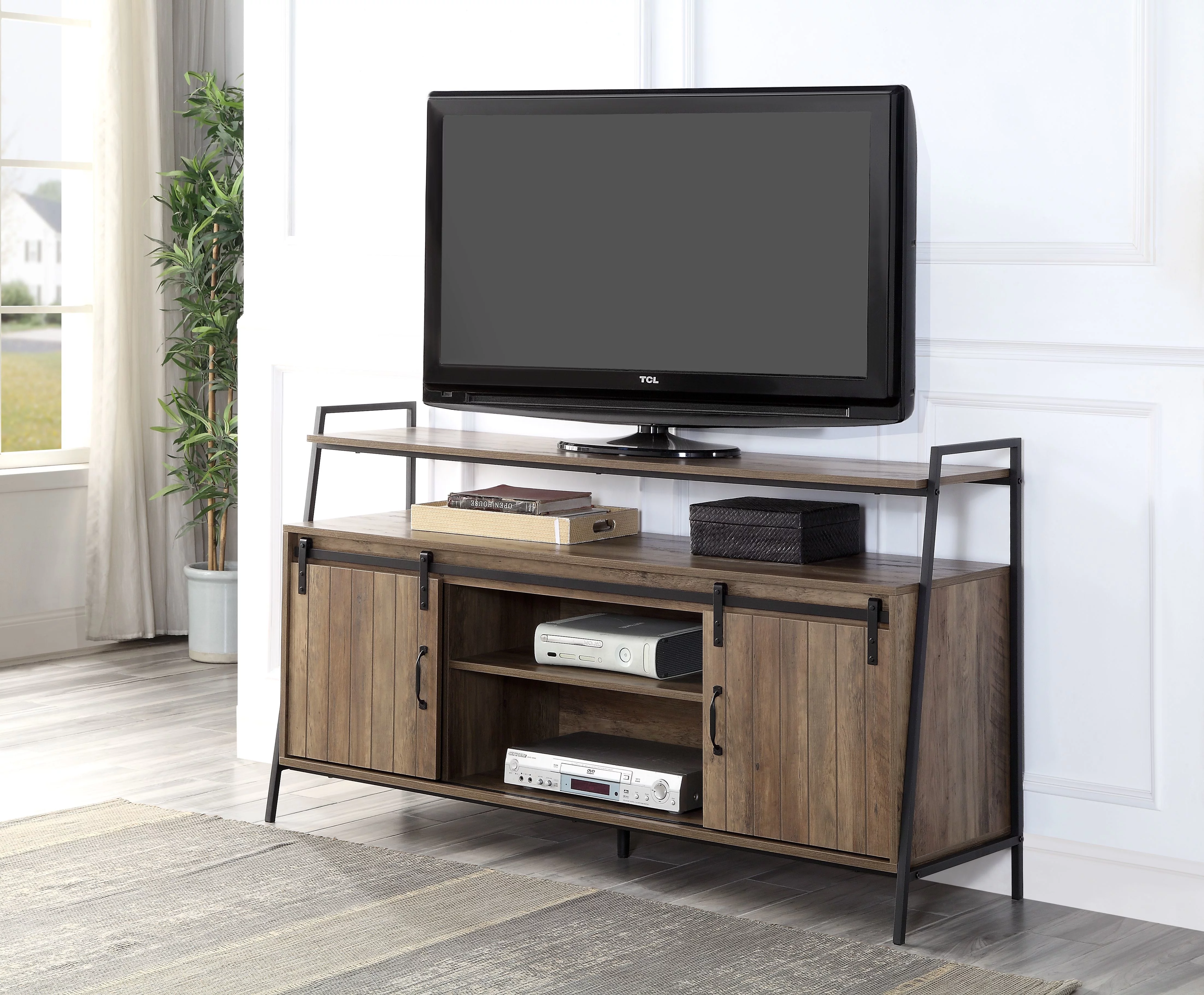 ikayaa Rashawn TV Stand , Rustic Oak & Black Finish
