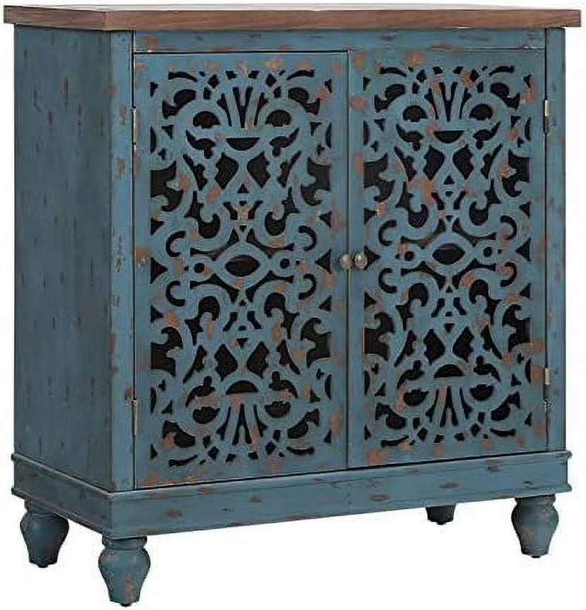 TJUNBOLIFE Sophia & William Accent  Cabinet with 2 Doors  Distressed Display  Organizer Console Table with Wood Frame and Hollow-Carved Floral Door for Entryway Living Room Bedroom  G