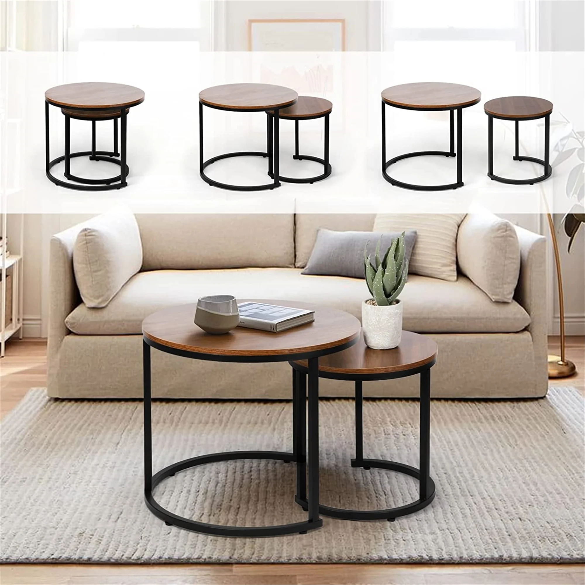 Modern Round Nesting Tables with Metal Frame (Set of 2) (White & Black)