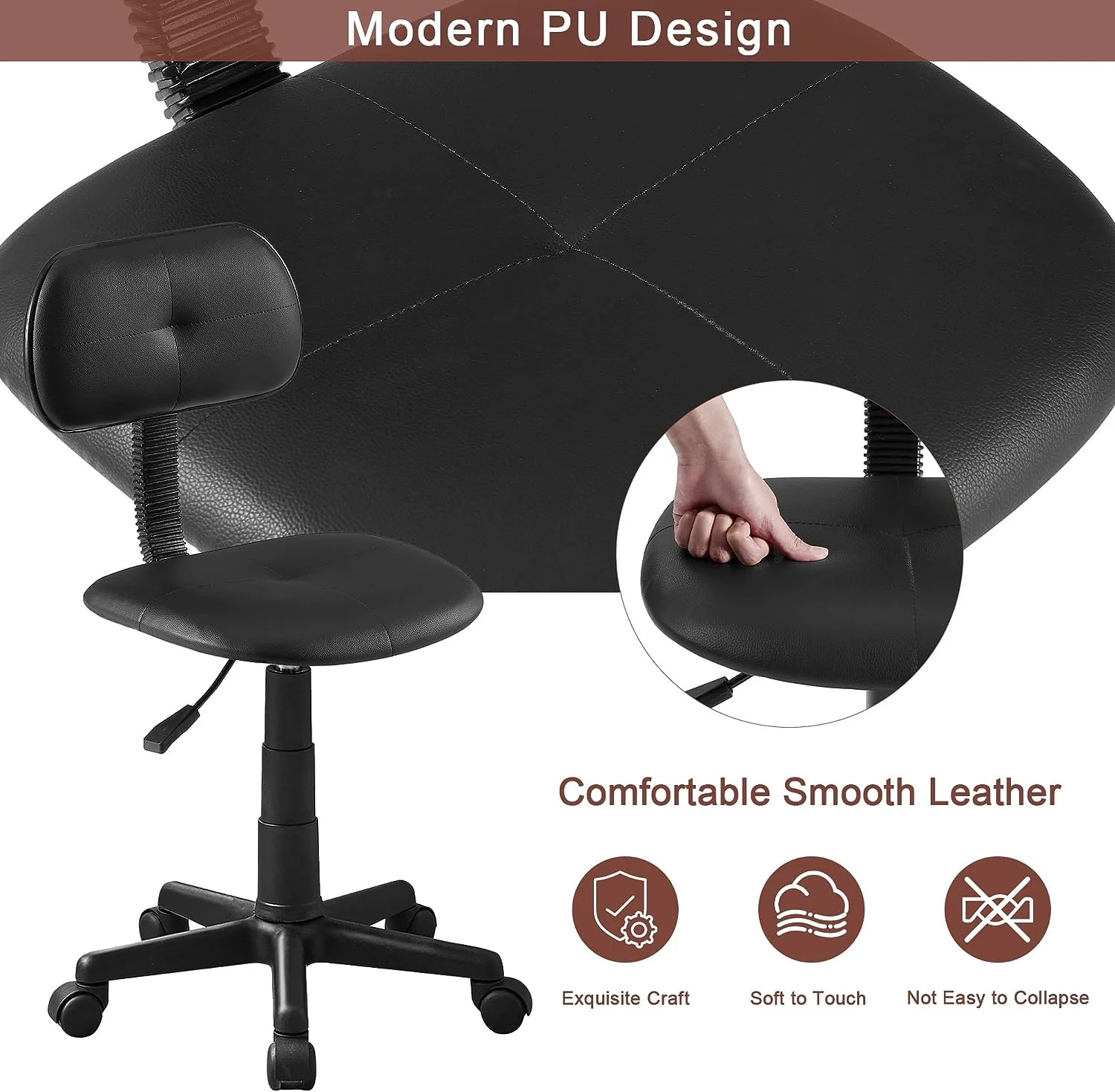 VECELO Armless Office Chair, Low-Back Adjustable Height Home Desk Chair, Ergonomic 360° Swivel Computer Task Chair, Black