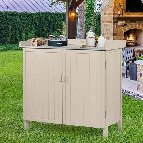 Outdoor Storage Cabinet with Potting Bench & Metal Tabletop, Wooden Planting Workstation for Garden Patio, Weatherproof
