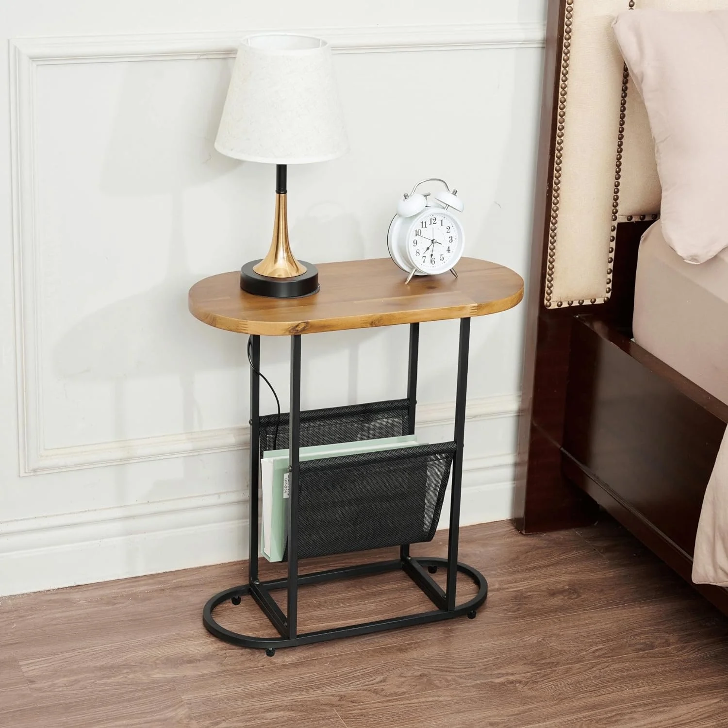 Tabaray Oval End Table, Acacia Wood Side Table with Metal Frame Magazine Organizer Holder Storage Space Small Tables (Wood Top-1pcs)
