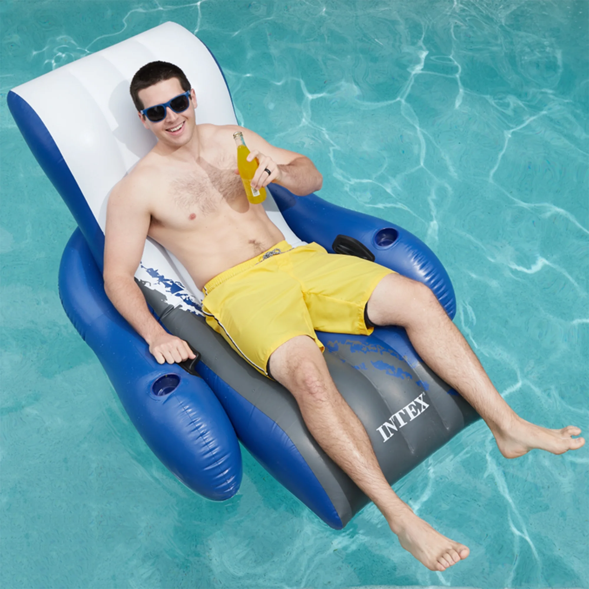 Inflatable Floating Lounge Pool Recliner Chair W/ Cup Holders, Blue/Black/White, Adult