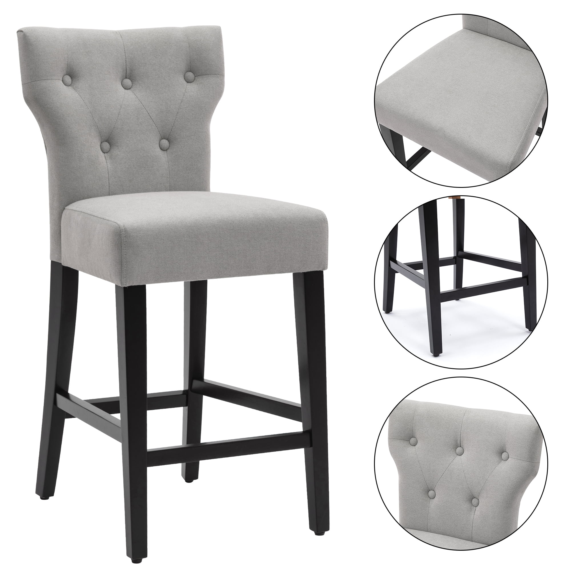 Modern Counter Height Wood and Fabric Bar Chair, Tall Wingback Style Bar Stool, Set of 2, Gray