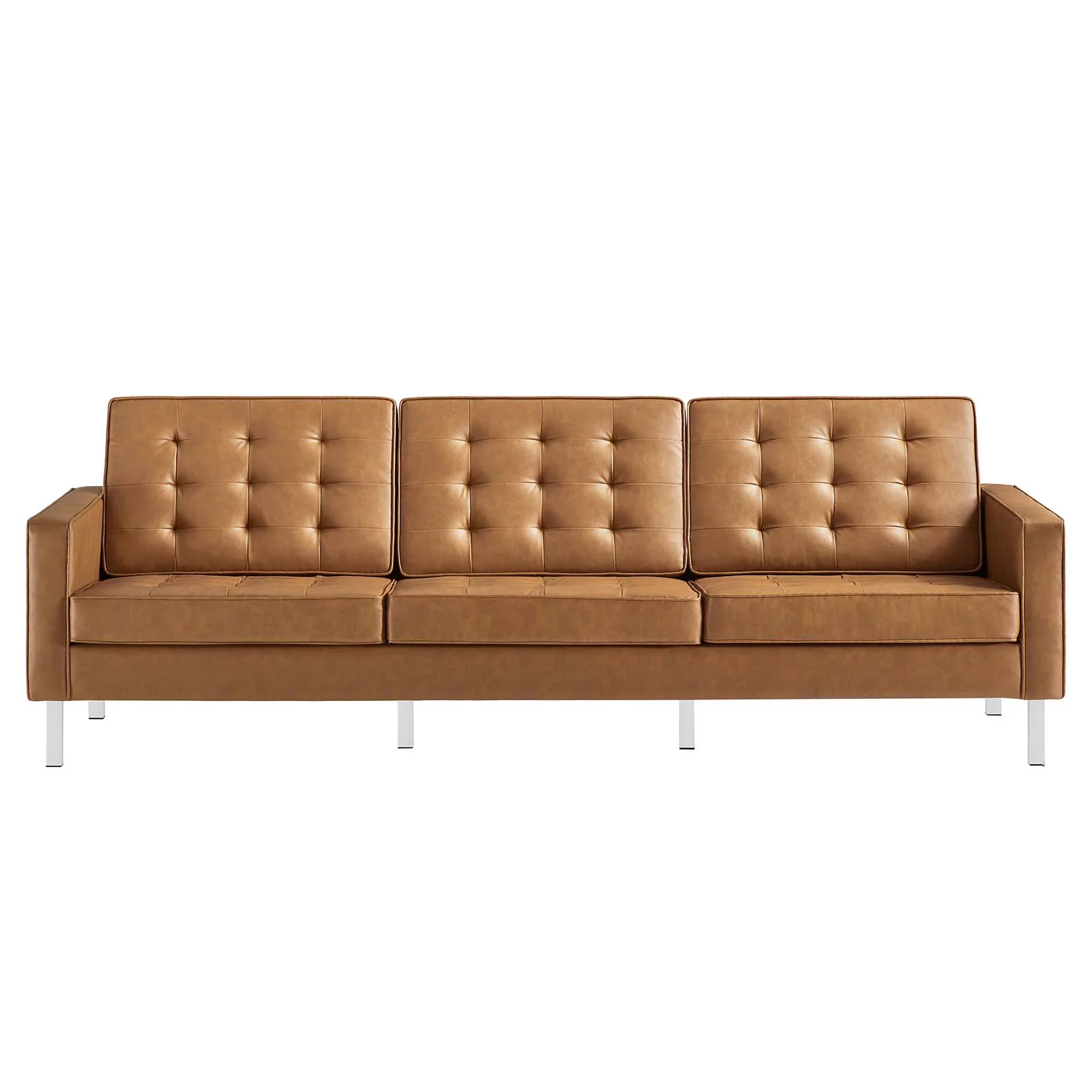 Modway Loft Tufted Vegan Leather Upholstered Living Room Sofa in Silver Tan