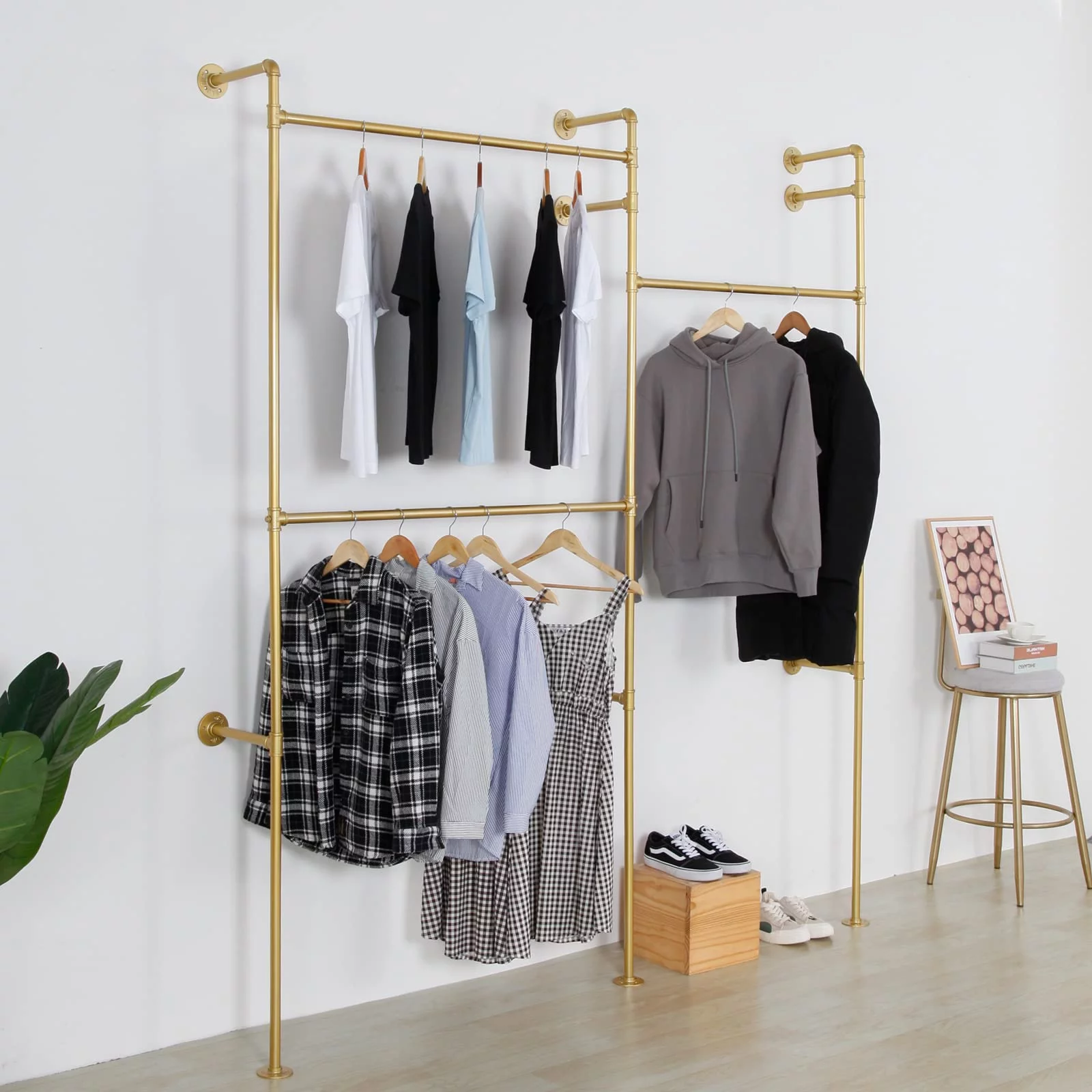 SSS Furniture Modern Simple Industrial Pipe Double Hanging Rods Clothing Rack, Clothes Rack Wall Mounted Heavy Duty Hanging Clothes Rack, Detachable Garment Bar 93.3X82.7inch (Gold)