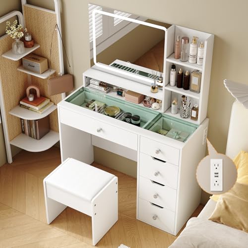 Vanity Desk with Mirror and LED Lights, 35.4