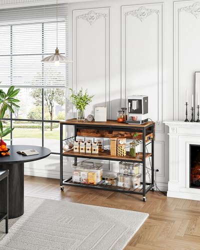 Kitchen Island with Power Outlet and Folding Top, Movable with 3-Tier Storage, Large Size, Wooden Shelves and Wine Rack, for Kitchen, Dining and Living Room, Rustic Brown and Black TZD02UBF