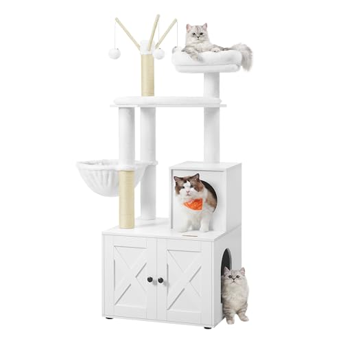 Feandrea Cat Tree with Litter Box Enclosure, 2-in-1 Modern Cat Tower, 55.1-Inch Cat Condo with Scratching Posts, Removable Pompom Sticks, Rustic Brown UPCT113X01
