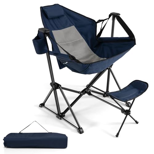 GYMAX Hammock Camping Chair, Folding Camp Chair with Detachable Footrest, Adjustable Backrest, Pillow, Cup Holder & Carrying Bag, Portable Rocking Camping Chairs for Beach Lawn Fishing (1, Navy)