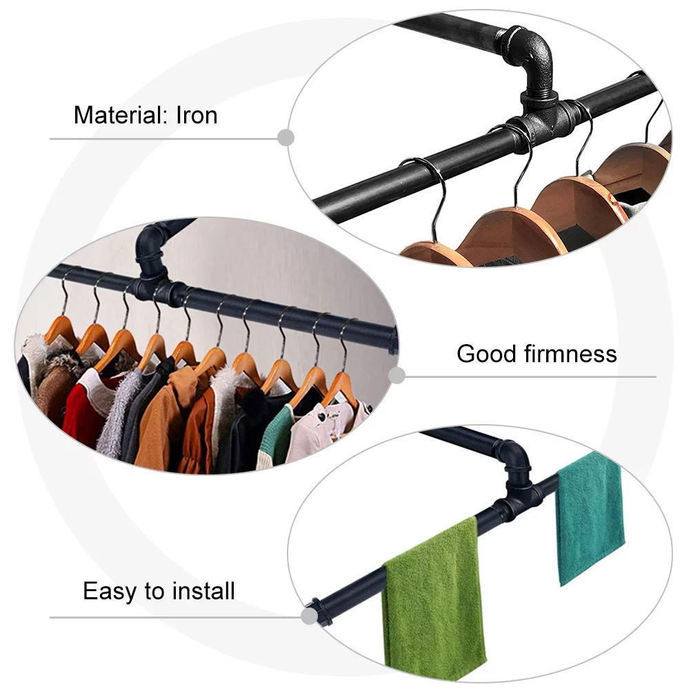 Homemaxs Rack Clothes Garment Pipe Wall Bar Iron Clothing Industrial Mounted Hanger Hanging Rod Hanger Mount Wardrobe Rack