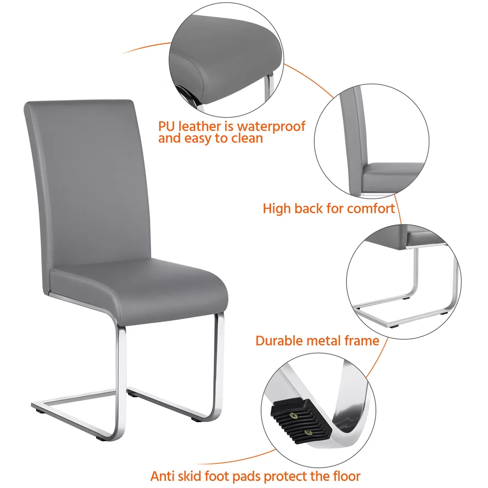 Easyfashion Modern Set of 2 PU Leather Dining Chair, Light Gray
