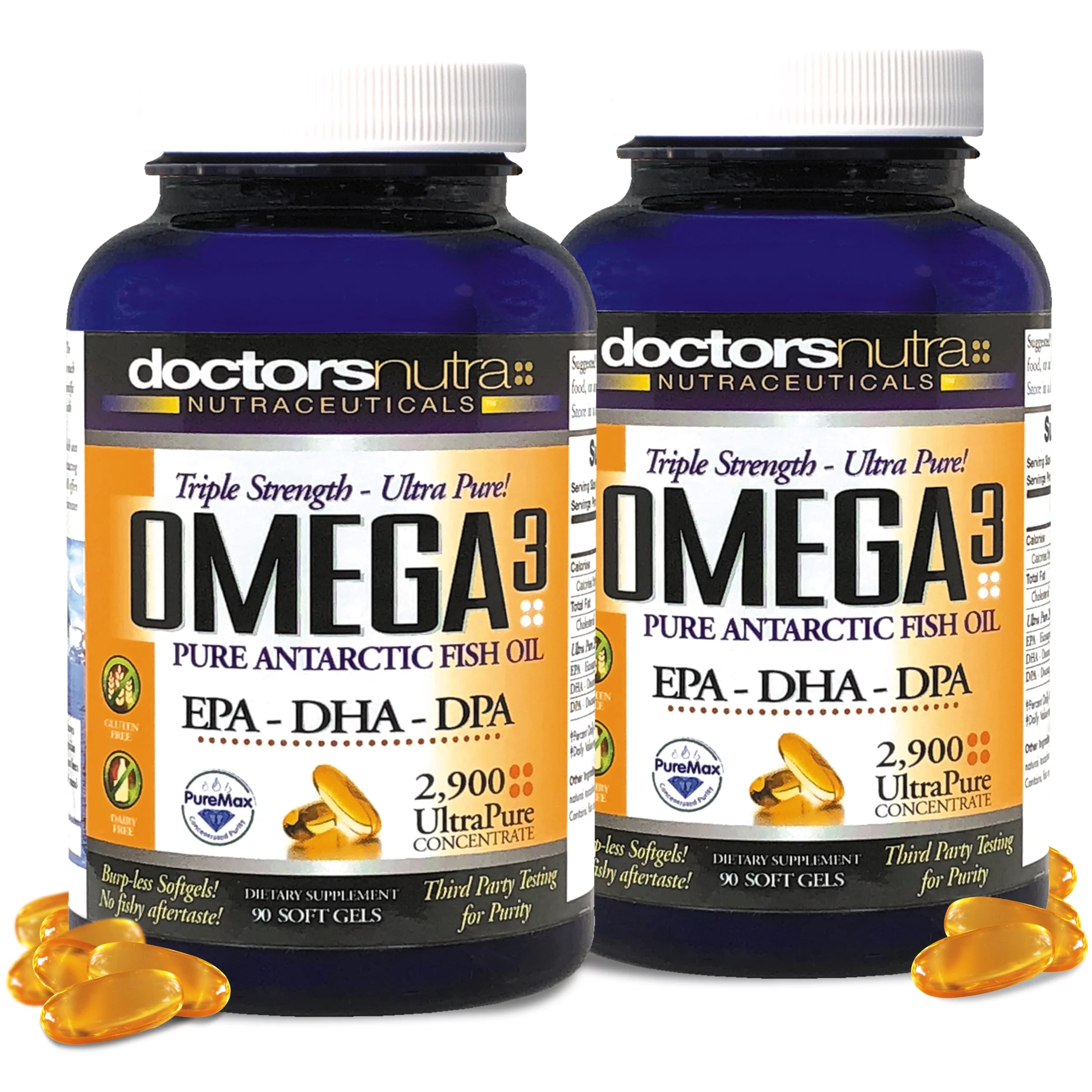 (Pack of 2) Natural Wild Omega 3 DPA Fish Oil Supplement by Doctors Nutra Nutraceuticals - 2,900 Milligrams Triple Strength Ultra Pure Concentrated, EPA-DPA-DHA, Soft-Gels with no Fish-Tasting Burps
