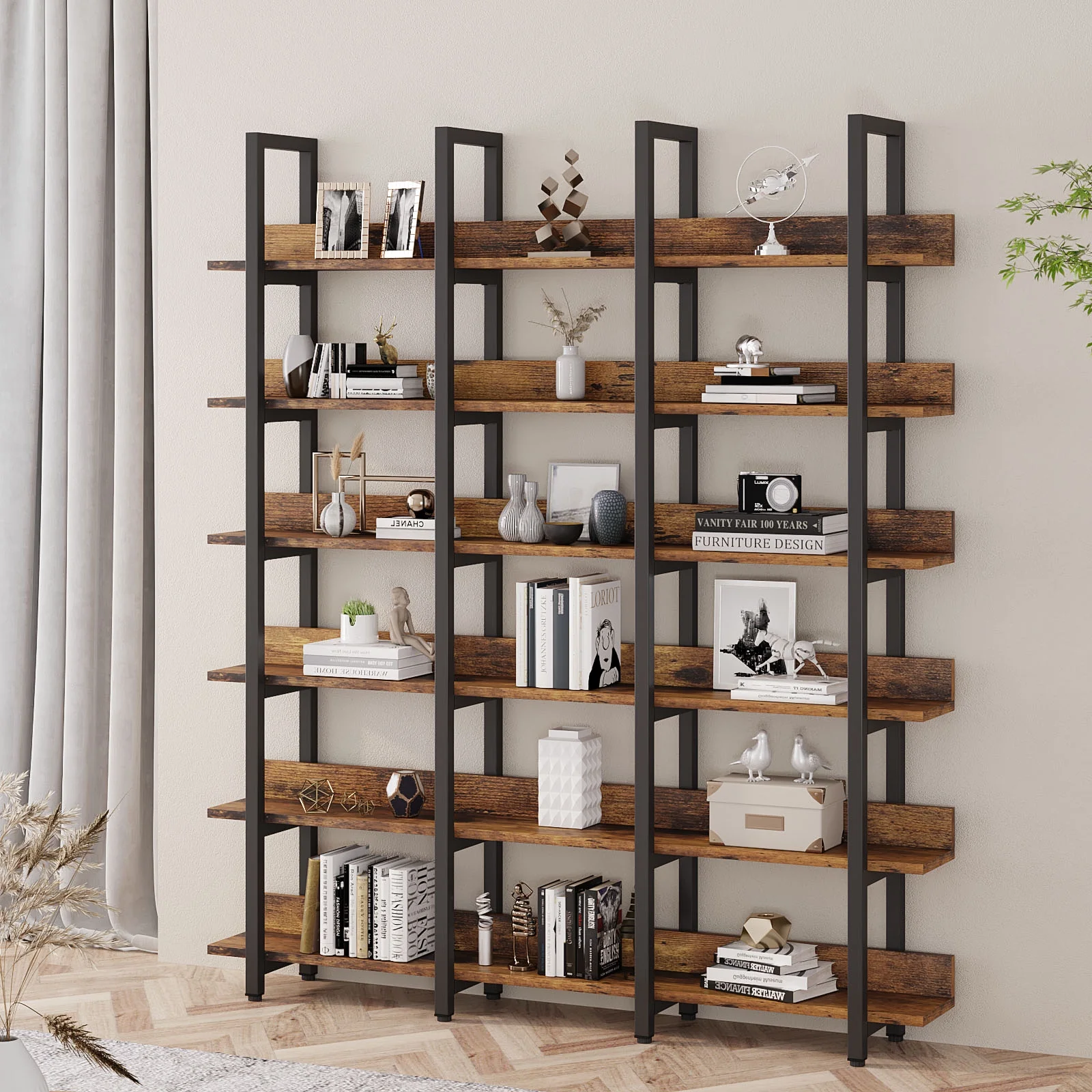 Oneinmil Bookcase and Bookshelves Triple Wide 6 Tiers Large Open Shelves, Vintage Bookcase for Office Home Decoration, Easy to Assemble, Classical Brown