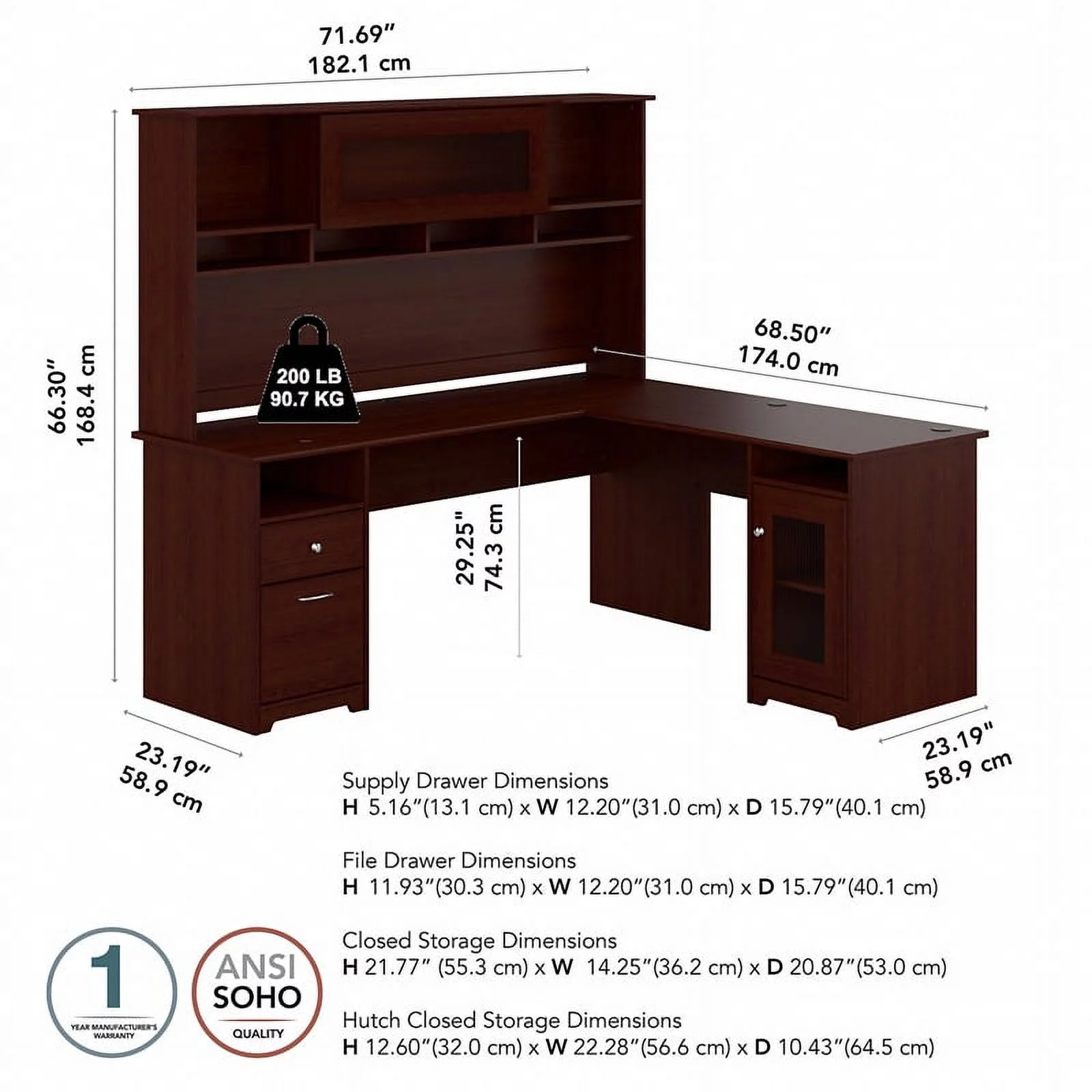 Bowery Hill 72W L Desk with Hutch in Harvest Cherry - Engineered Wood