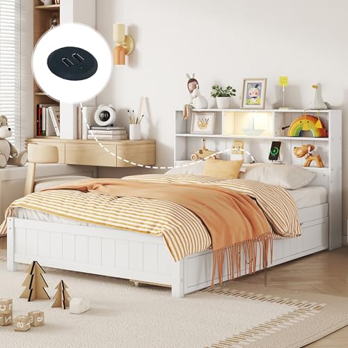 Twin Bed with 2 Storage Drawers, Wood Twin Storage Bed with Bookcase Headboard,LED Light and USB Charge Station,Twin Bed Frames Captain Bed for Kids, Girls,Boys,No Box Spring Needed, White
