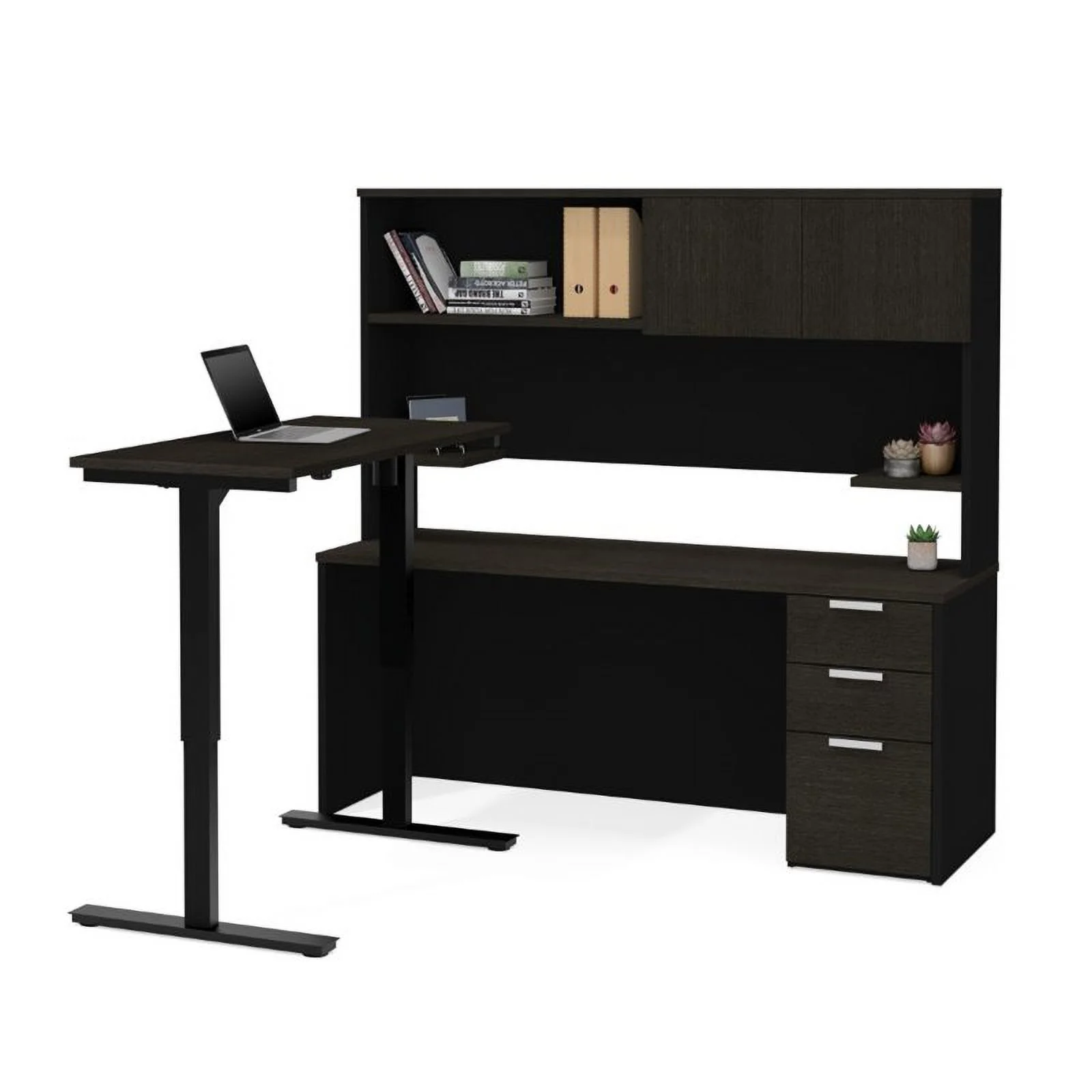 Pemberly Row Adjustable L Desk with Hutch in Deep Gray and Black