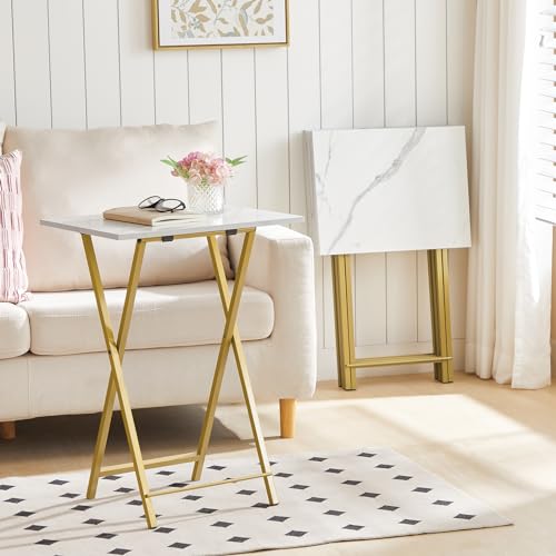 HOOBRO Folding TV Tray Tables, Set of 4 TV Trays with Storage Rack, Industrial Side Table for Eating at Couch, Foldable Snack Table for Small Space, Easy Assembly, Marble and Gold DM50BZ01