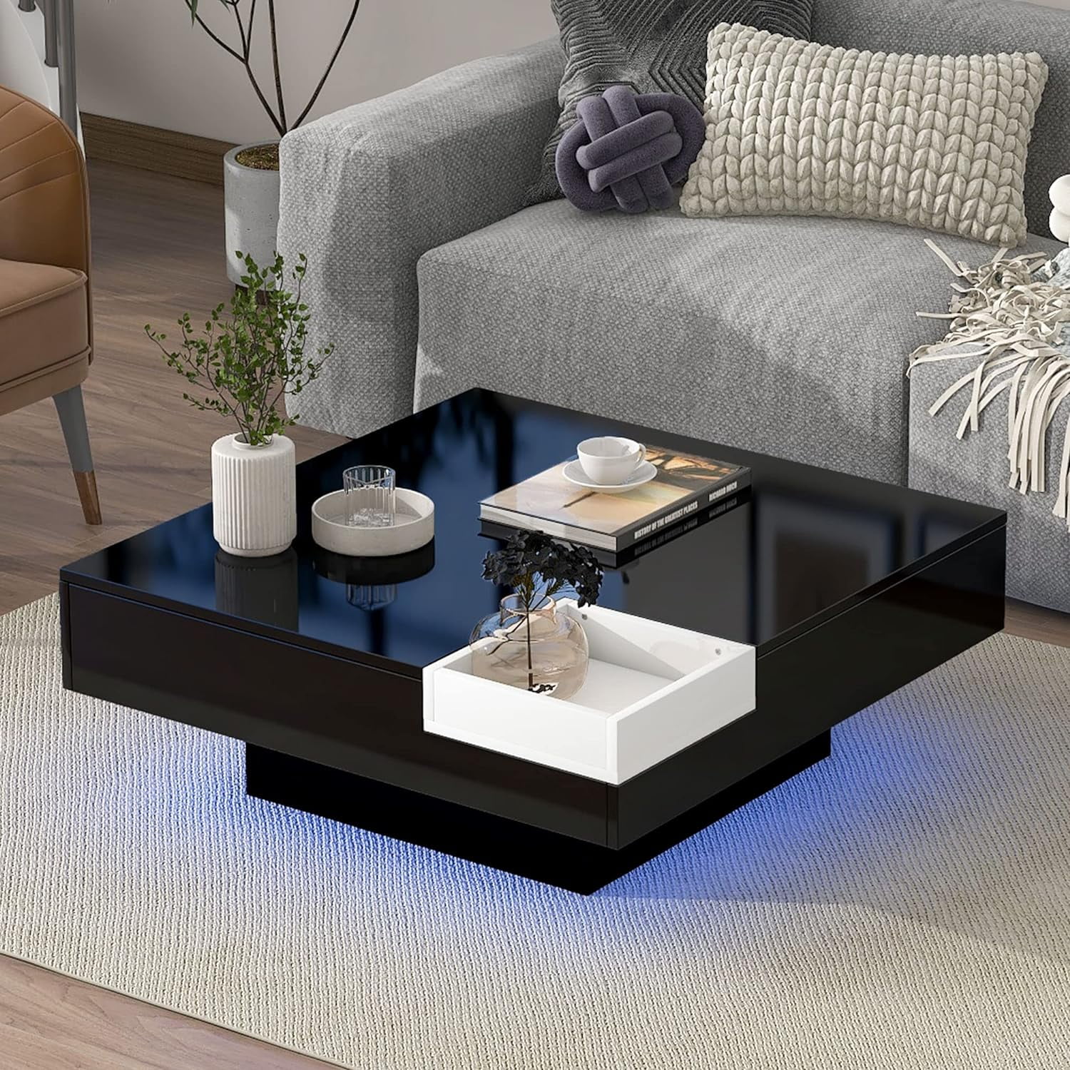 Modern Square LED Coffee Table Cocktail Table With 16 Colors,White/Black Coffee Table With Detachable Tray And Control For Living Room Bedroom