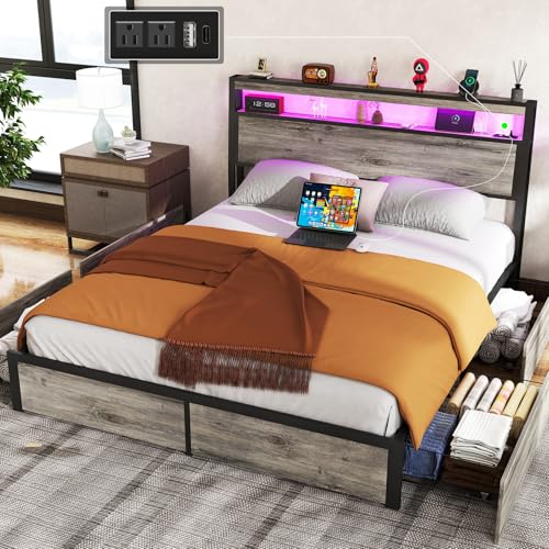 SADENICEL Queen Bed Frame with Storage Headboard and 4 Drawers, Metal Platform Bed Frame with LED Light, Charging Station, No Box Spring Needed, Noise Free, Easy Assembly, Vintage Brown