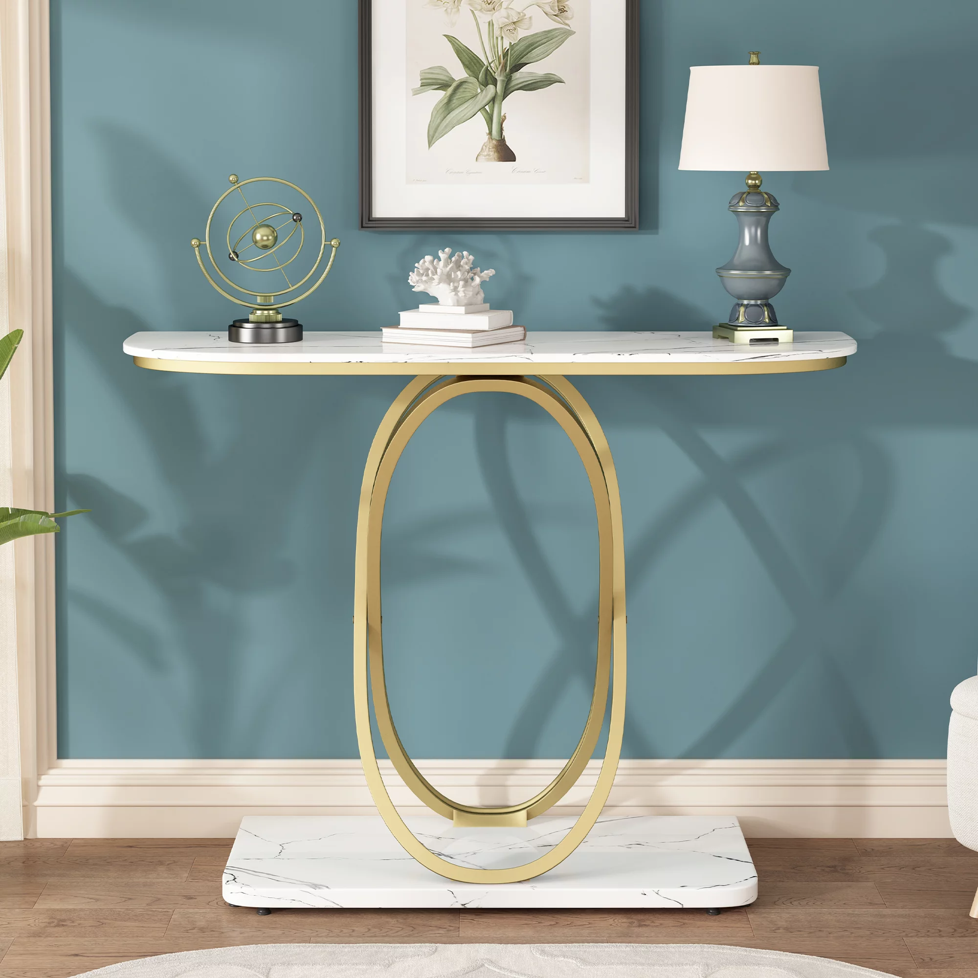 HOMYSHOPY Modern Console Table, Faux Marble Sofa Table with Oval Metal Base, 43.31 Inch Entrance table for Lining Room Entryway, White & Gold