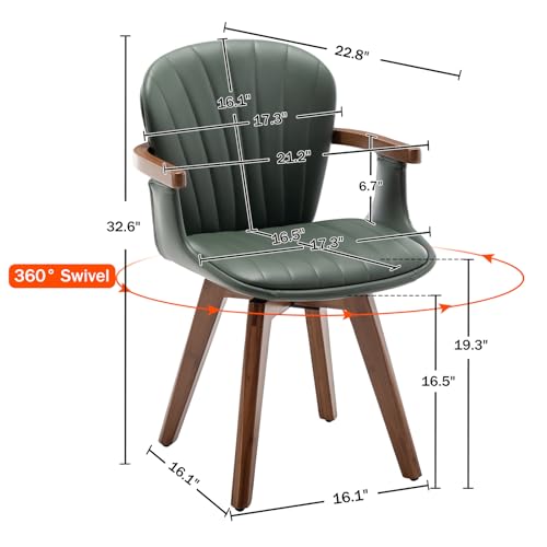 LUNLING Swivel Dining Chairs Set of 2, Mid Century Modern Gray Fabric+Faux Leather Kitchen Chairs with Arms,Bamboo Legs Side Chairs No Wheels,Accent Chair for Dining Rooms and Offices(Gray Fabric)