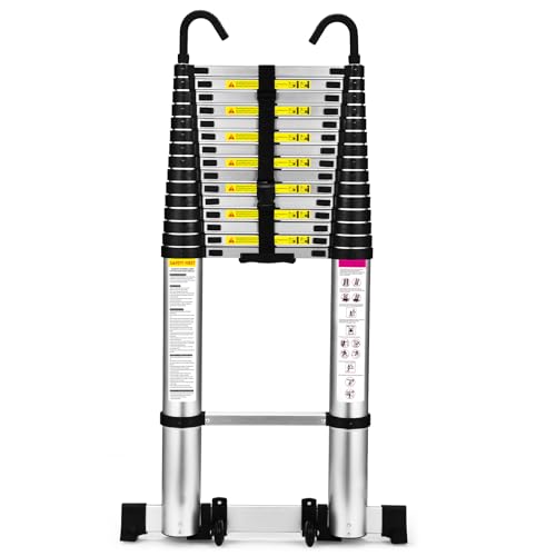 Telescoping Ladder, SocTone 12.5 FT Aluminum Lightweight Extension Ladder with 2 Triangle Stabilizers, Heavy Duty 330lbs Max Capacity, Multi-Purpose Collapsible Ladder for RV or Outdoor Work