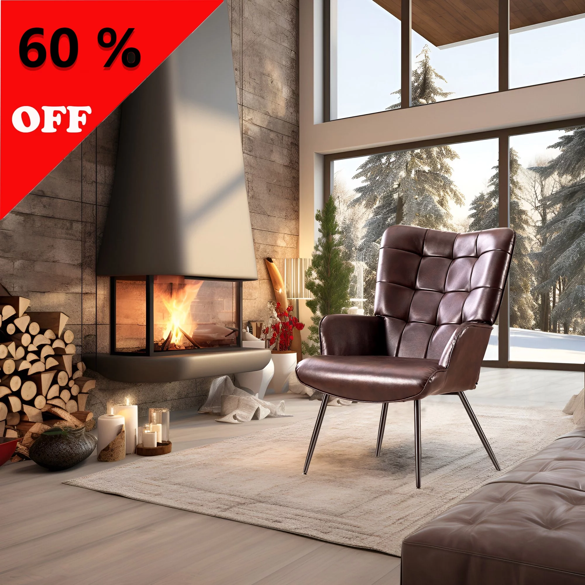 Unikome Livingroom Chair Modern Accent Chair, Faux Leather Wingback Accent Chair PU Leather Accent Chair for Home Office/Living Room/Bedroom, Maroon