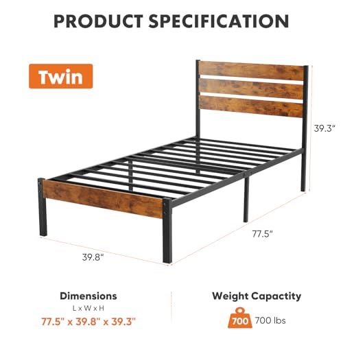 Sweetcrispy Full Size Bed Frame with Headboard, 800LBS Mattress Foundation with All Sturdy Metal Support, Under Bed Storage, No Box Spring Needed, Easy Assembly, Rust Brown