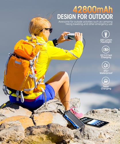 Power-Bank-Solar-Charger - 42800mAh Portable Charger,Solar Power Bank,External Battery Pack 5V3.1A Qc 3.0 Fast Charger Built-in Super Bright Flashlight (Orange)