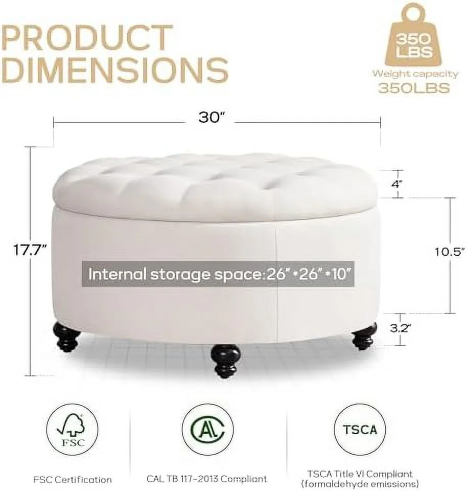 30-Inch Round  Ottoman   Button Tufted Coffee Table with Removeable Top  Upholstered Ottoman with  Footrest Stool for Living Room  Bedroom and Office(Grey)