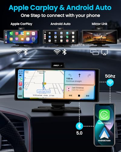 Portable Apple Carplay Screen, 10’’ Car Stereo Wireless Car Play & Android Auto Touch Screen, 4K Dash Cam, 1080P Backup Camera, Mirror Link/Voice Control/Music Play/GPS Navigation