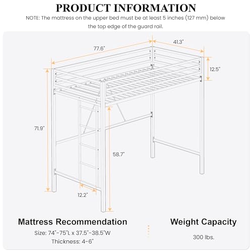 SHA CERLIN Loft Bed Twin Size with Ladder and Guardrail,Heavy Duty Metal Slats Support No Box Spring Needed Small Space Saving Furniture for Bedroom Dorm,Black