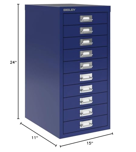 Bisley 10-Drawer Steel MultiDrawer Cabinet - Black, Chrome Pull Handles with Label Holders, Powder-Coated Steel, Removable Drawers, Fits Under Most Desks, Labels Included