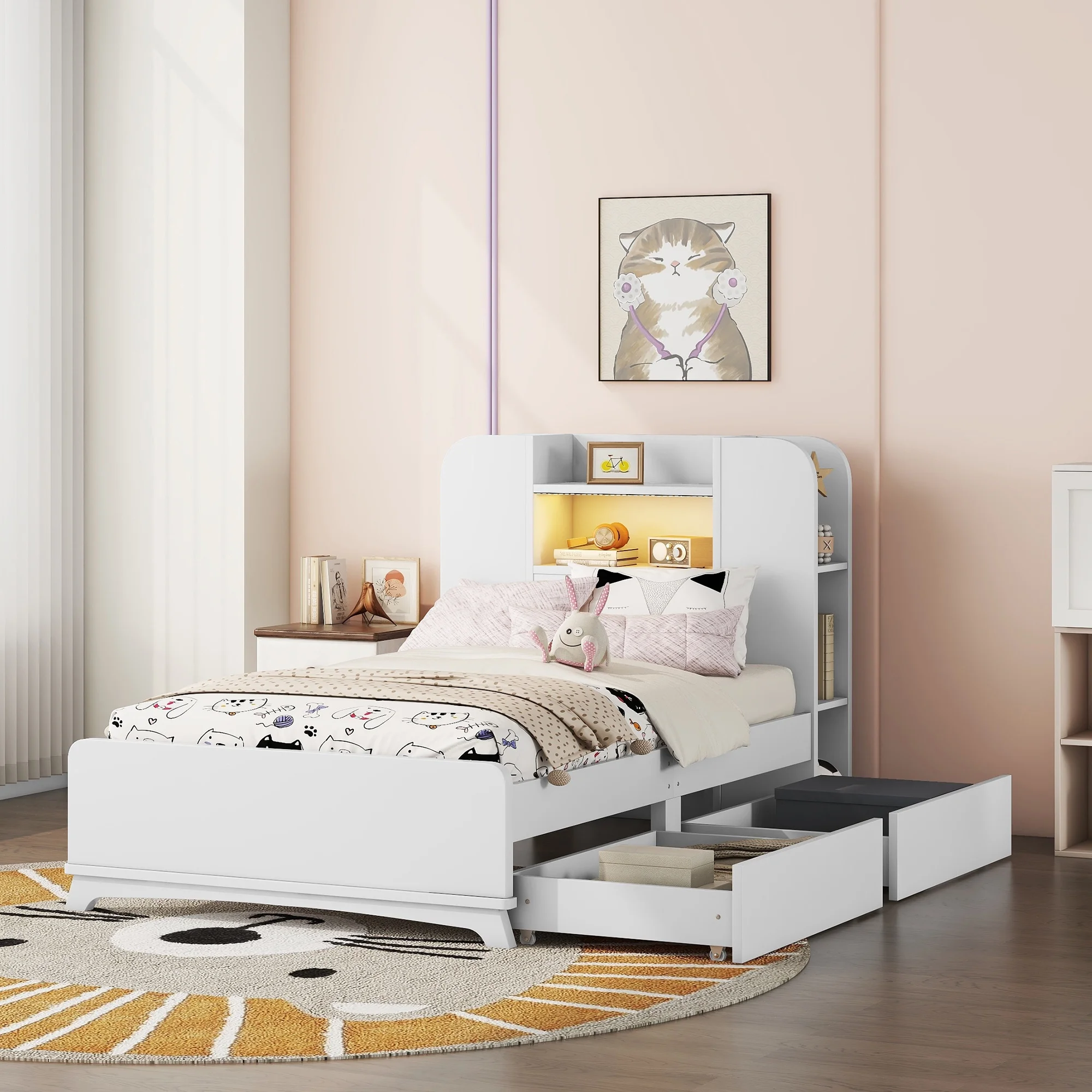 EUROCO Wood Twin Size Platform Bed with Storage Headboard and 2 Drawers, Open Shelf and LED Light for Kids Teens Adults, White