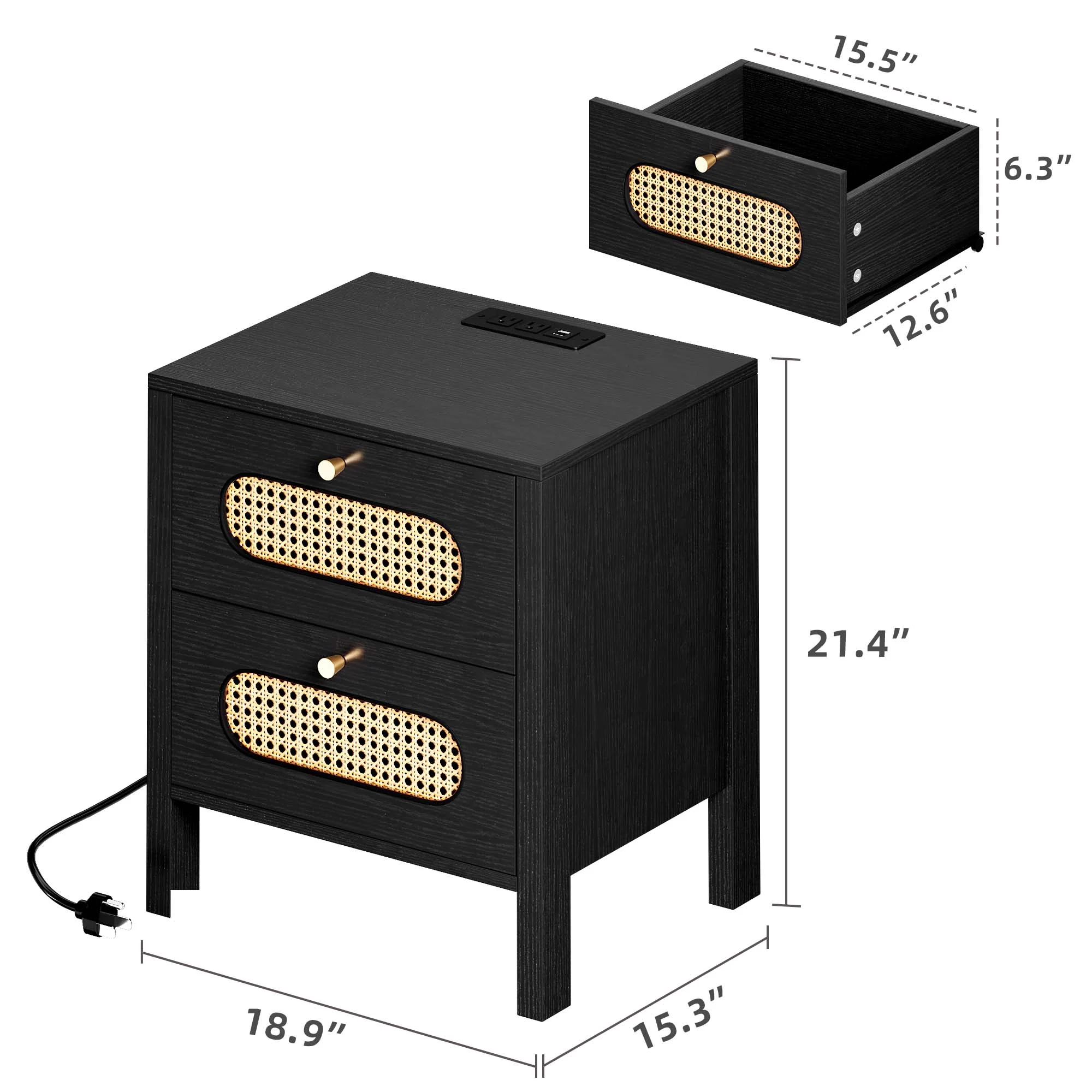 Dextrus Rattan Nightstand with Charging Station, Wood Bedside Table with Drawers, Black