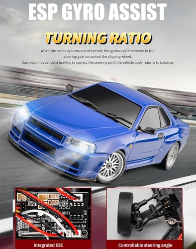 LD1899 1/18 RC Drift Car GTR R34 2.4GHz RWD with Gyroscope on-Road Alloy Body Shell Racing Cars Radio Control (Blue)