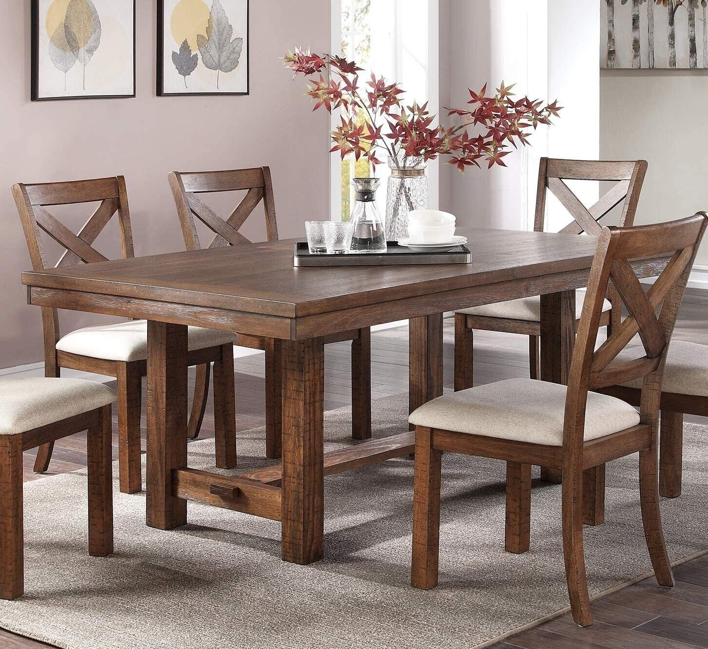 Modern Unique 7pc Dining Set Table 6x Side Chairs Cushion Upholstered Solid wood Kitchen Dining Room Furniture Natural Finish
