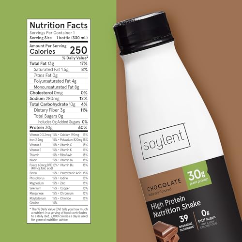 Soylent Complete Protein Shake, Chocolate, 30g Protein, Vegan, Dairy Free and 0g Sugar, Ready to Drink Protein Drinks, 11oz (12 Pack)