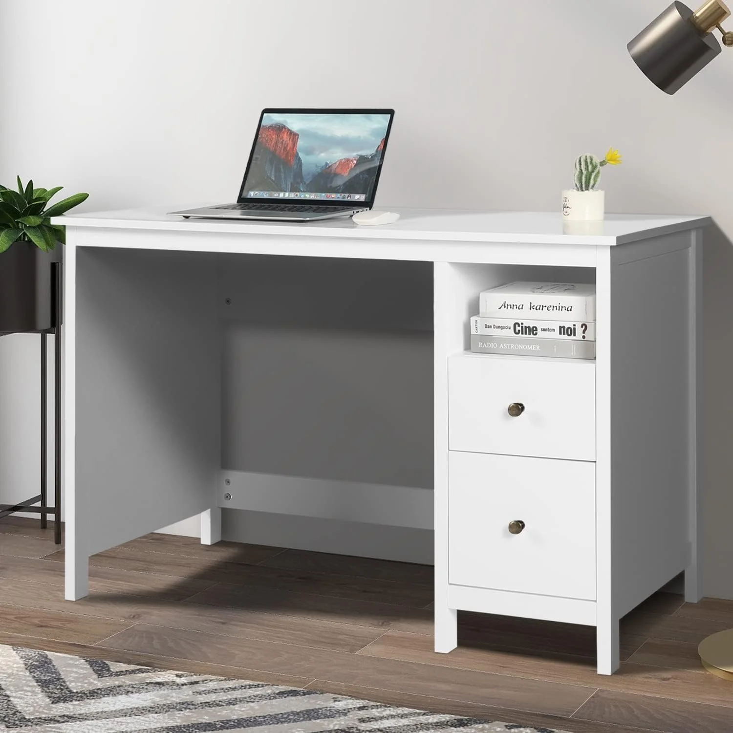 ENSTVER White Writing Desk with Drawers, 47” Home Office Study Computer Desk with Storage Cabinet & Open Shelf, Simple Vanity Table for Bedroom