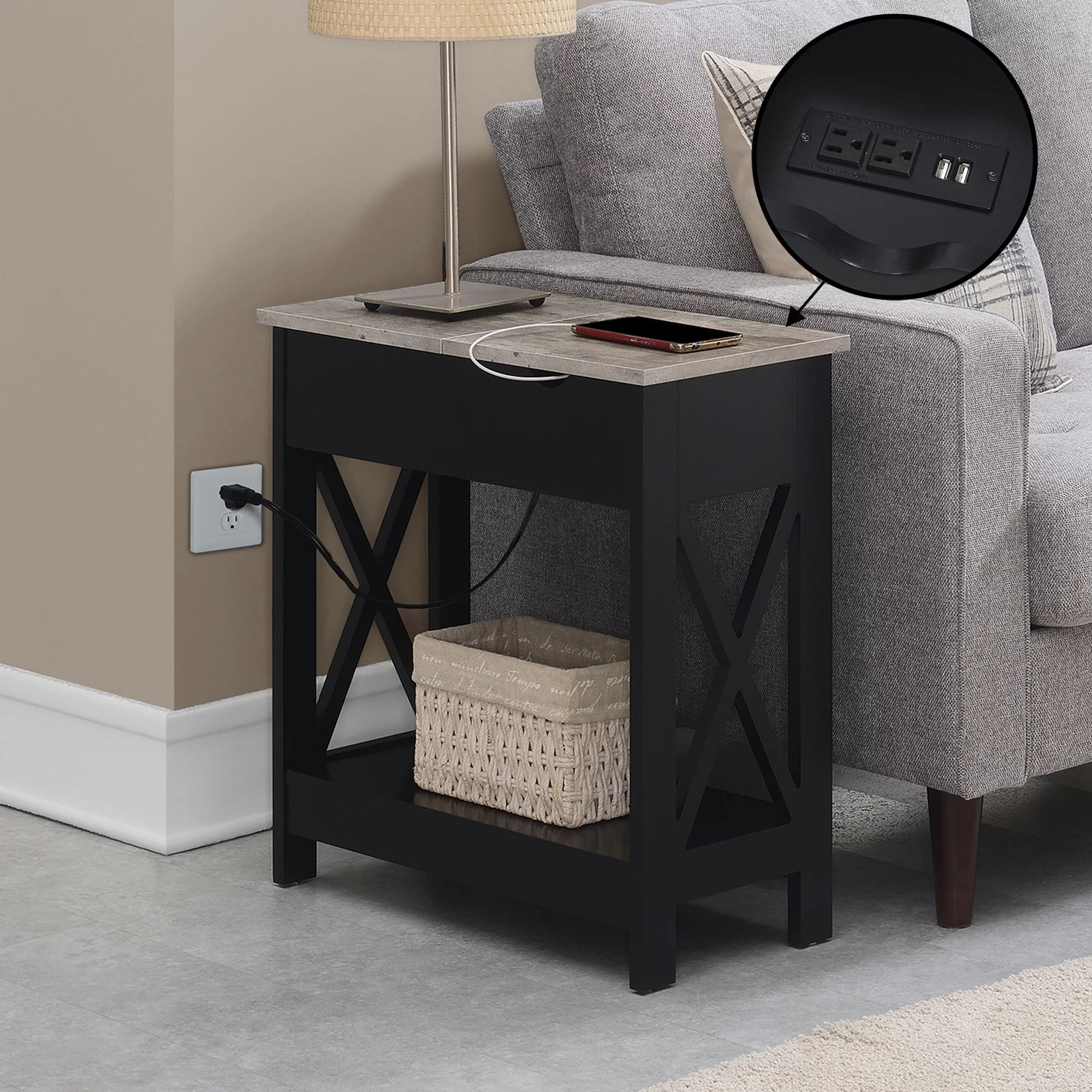 Convenience Concepts Oxford Flip Top End Table with Charging Station and Shelf, Faux Birch/Black