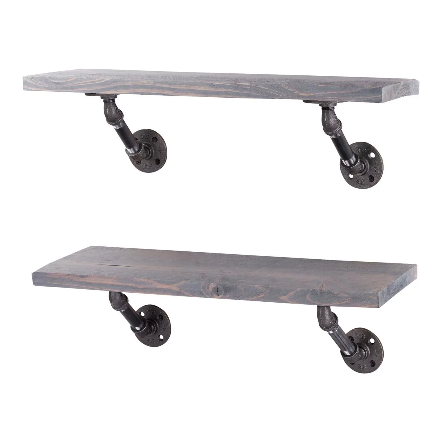 24 in. x 7.5 in. x 6.75 in. Riverstone Grey Restore Wood Wall Shelving with Industrial Angled Steel Pipe Brackets