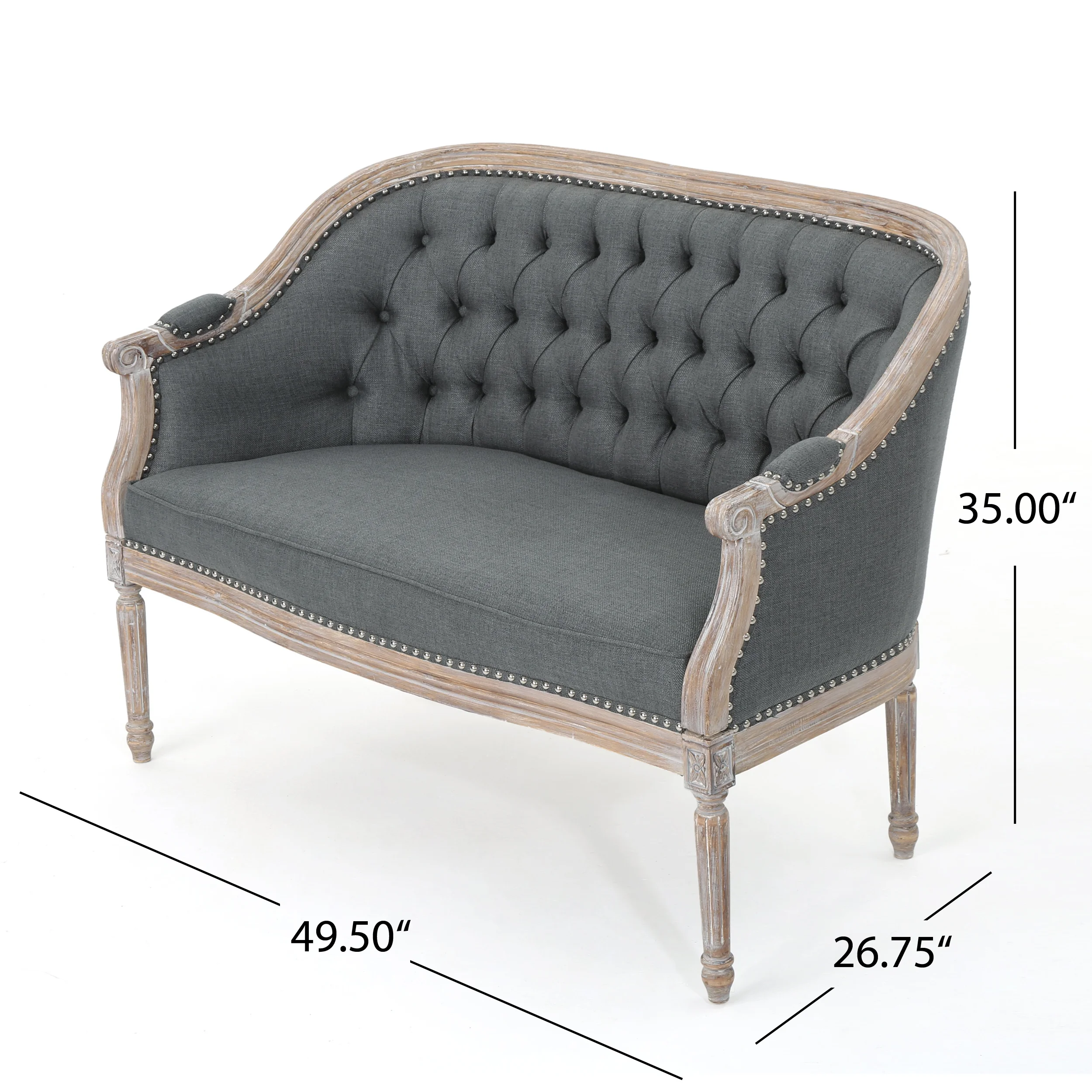 Noble House Sarahbella Fabric Loveseat with Nailhead, Dark Gray