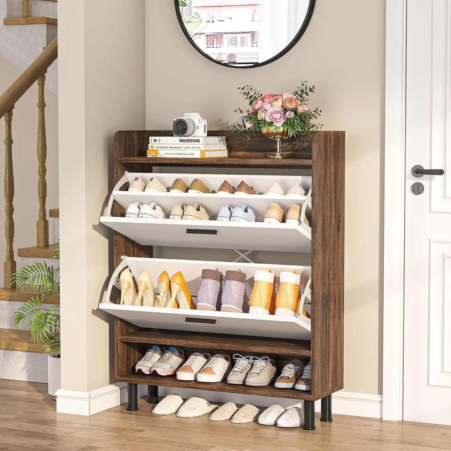 Shoe Cabinet, Vintage Entryway Shoe Organizer Rack, 2-Tier Shoe Storage Cabinet with Flip Doors with Open Shelves for Narrow Closet, Entryway, Living Room (Brown)