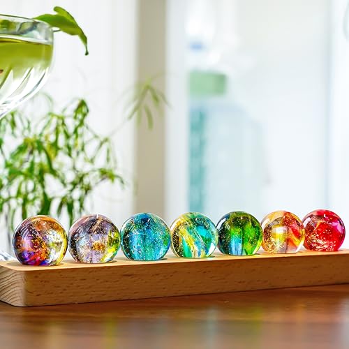 H&D HYALINE & DORA 7 Pcs Crystal Glass Balls 1.5 Inch Decorative Ball Set Crystal Chakra Balls with LED Wooden Base Sphere Balls Night Light for Decorate Vases Tables Wedding Party