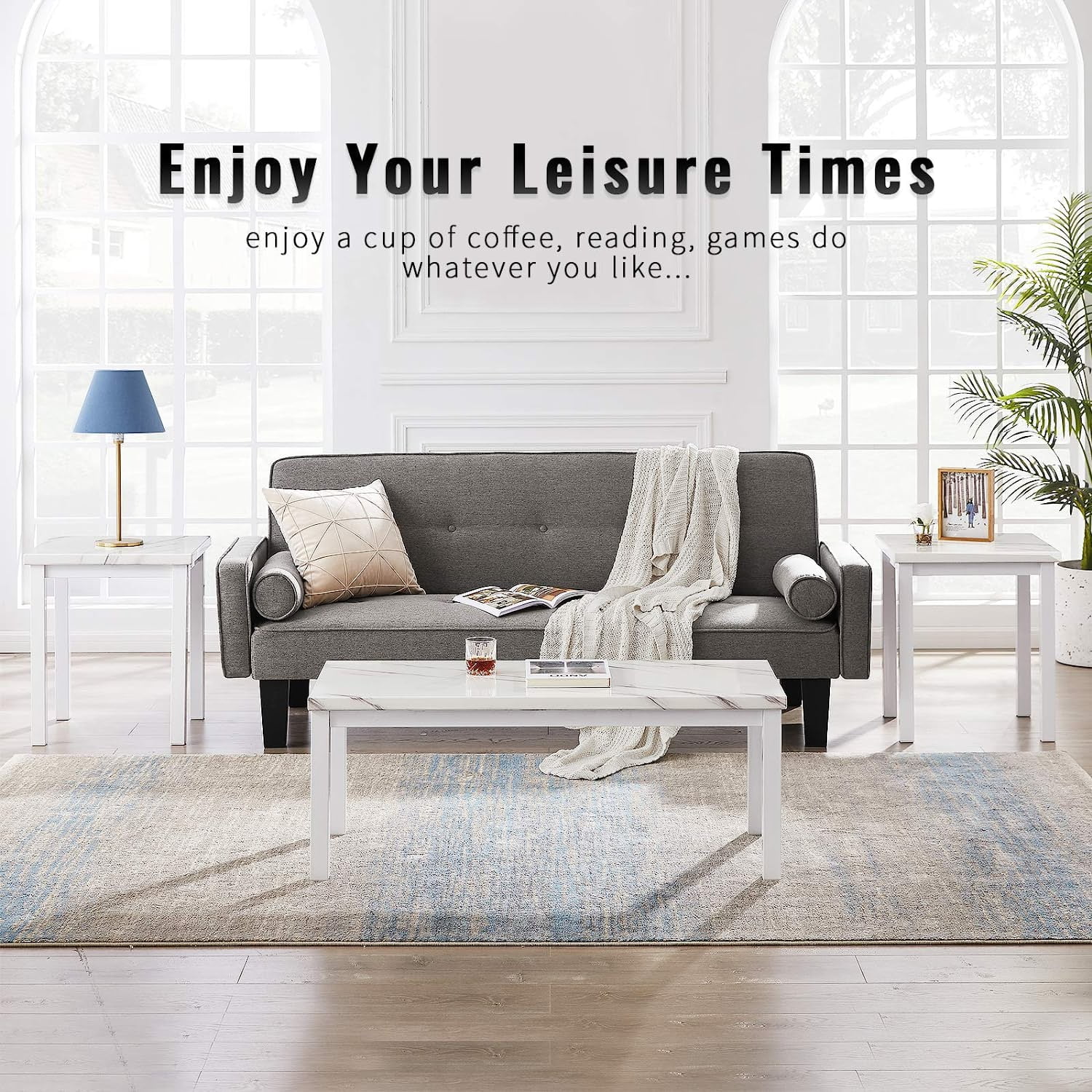 Recaceik Coffee Table Sets 3 Pieces, 1 Coffee Table & 2 End Tables, Faux Marble Tabletop, Traditional Coffee Tables for Living Room, Brown