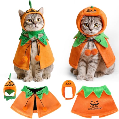 2 Sets Pet Pumpkin Costume Cat Halloween Cloak Hat Set for Dog Cat Halloween Costumes Pumpkin Hat for Dogs Puppy Poncho Small Medium Pets Cosplay (Cute)