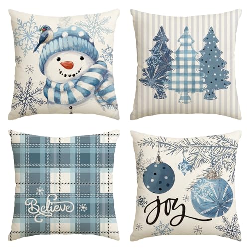 AVOIN colorlife Winter Snowman Joy Snowflake Christmas Throw Pillow Covers, 18 x 18 Inch Red Xmas Tree Winter Holiday Buffalo Plaid Cushion Case Decoration for Sofa Couch Set of 4